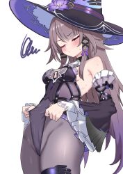  1girl black_dress black_hat black_pantyhose blush breasts brown_hair closed_eyes closed_mouth dress flower frontal_wedgie hair_ornament hat hat_flower herta_(honkai:_star_rail) highres honkai:_star_rail honkai_(series) jewelry key key_necklace keyhole long_hair medium_breasts necklace oldsickkim pantyhose pout pulling_own_clothes purple_flower self_wedgie simple_background solo squiggle standing sweatdrop the_herta_(honkai:_star_rail) wedgie white_background witch_hat x_hair_ornament 