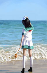 1girl amibazh beach black_hair day female_focus film_grain from_behind full_body hand_on_headwear hat hishaku horizon kneehighs long_hair looking_afar murasa_minamitsu ocean outdoors photo-referenced photorealistic realistic sailor_collar shadow shorts socks solo touhou water waves white_socks rating:Sensitive score:11 user:danbooru