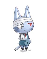  1girl animal_crossing arm_sling ayanami_rei bandaged_head bandages blue_skirt cat_girl closed_mouth commentary_request crossover full_body furry furry_female gauze gauze_over_eye gumidrawing highres neck_ribbon neon_genesis_evangelion nintendo red_eyes red_ribbon ribbon school_uniform shirt signature simple_background skirt solo standing suspender_skirt suspenders tokyo-3_middle_school_uniform white_background white_shirt 