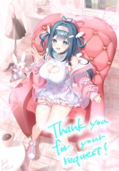  1girl ahoge amano_nene_(vtuber) bandaid_on_hair blue_eyes blue_hair breasts chair cleavage cleavage_cutout clothing_cutout colored_inner_hair commission cup dated dress fishnet_pantyhose fishnets hairband halo heart heart_ahoge heart_cutout heart_halo heart_o-ring highres holding holding_syringe indie_virtual_youtuber jacket kakizuki5 large_breasts long_hair long_sleeves mole mole_on_breast multicolored_hair o-ring o-ring_thigh_strap on_chair open_clothes open_jacket open_mouth pantyhose pink_hairband pink_jacket pink_shoes ribbed_dress shoes signature sitting skeb_commission smile syringe thank_you thigh_strap virtual_youtuber white_dress 