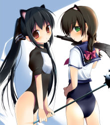  2girls animal_ears ass bad_id bad_pixiv_id black_hair blush braid brown_eyes brown_hair choker crossover flat_chest green_eyes haneyoru kooh leotard long_hair mace milly_(paperman) multiple_girls no_pants one-piece_swimsuit pangya paper_man school_swimsuit school_uniform serafuku spiked_mace spikes swimsuit swimsuit_under_clothes twin_braids twintails uya_(munyu)  rating:Sensitive score:18 user:danbooru