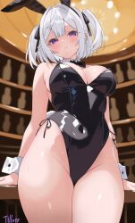 1girl absurdres animal_ears bare_shoulders black_hairband black_leotard bow bowtie breasts cleavage covered_navel cowboy_shot detached_collar fake_animal_ears hair_intakes hair_ribbon hairband highleg highleg_leotard highres indoors large_breasts leotard looking_at_viewer medium_hair original parted_lips playboy_bunny purple_eyes rabbit_ears ribbon side-tie_leotard solo strapless strapless_leotard thighs tillots two_side_up white_hair wrist_cuffs yuki-chan_(tillots) 
