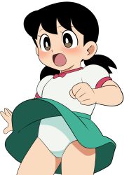  1girl black_hair blush bow breasts brown_eyes crotch_seam doraemon green_skirt loli low_twintails minamoto_shizuka open_mouth panties puffy_sleeves red_bow shirt short_hair short_sleeves skirt small_breasts standing surprised twintails underwear white_background white_panties white_shirt wind wind_lift yume_yoroi 