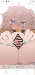 1girl bar_censor blue_eyes blush bottomless censored clitoral_hood clitoris closed_mouth fake_screenshot fang fang_out female_focus full-face_blush gluteal_fold green_nails grey_hair hair_between_eyes highres hymen kasukabe_tsumugi loli long_hair looking_at_viewer mole mole_under_eye nail_polish no_panties one_side_up pussy pussy_juice smile solo spread_legs spread_pussy spreading_own_pussy sumiyao_(amam) urethra virgin voicevox rating:Explicit score:294 user:creck