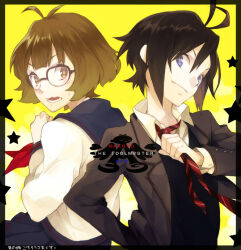  1boy 1girl akizuki_ryo antenna_hair black_hair black_jacket black_sailor_collar blue_eyes brown_eyes brown_hair commentary_request copyright_name crossdressing glasses idolmaster idolmaster_(classic) idolmaster_dearly_stars jacket kikuchi_makoto nakahara_(mu_tation) necktie open_mouth red_necktie sailor_collar school_uniform serafuku short_hair star_(symbol) striped_necktie sweatdrop translation_request trap wavy_mouth 