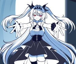  1girl absurdres aburyuu asymmetrical_legwear black_corset black_ribbon black_skirt black_thighhighs black_wrist_cuffs bow bowtie breasts closed_mouth commentary corset floating_hair frilled_shirt frilled_wrist_cuffs frills hair_between_eyes hair_ribbon hairband hands_up highres lilith_(the_noexistencen_of_you_and_me) long_hair looking_at_viewer medium_breasts mismatched_legwear mismatched_wrist_cuffs outstretched_arms red_eyes ribbon shirt shirt_tucked_in skirt smile solo standing straight-on the_noexistencen_of_you_and_me thighhighs thighs twintails very_long_hair white_background white_bow white_bowtie white_hair white_shirt white_thighhighs white_wrist_cuffs wrist_cuffs 