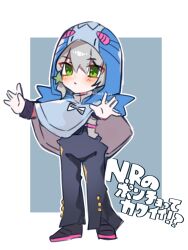  1boy black_pants black_shoes blush braid chibi commentary_request compound_eyes cosplay full_body green_eyes grey_hair grey_shirt hair_behind_ear hair_between_eyes hair_ornament highres hood hood_up jodio_joestar jojo_no_kimyou_na_bouken long_bangs looking_at_viewer november_rain_(stand) november_rain_(stand)_(cosplay) open_hand open_hands pants pink_eyes raincoat rairack777 shirt shoes side_braid solo stand_(jojo) star_(symbol) star_hair_ornament the_jojolands translation_request 