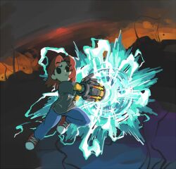  1girl black_eyes blue_pants denim electricity final_destination_(smash_bros) fire full_body gummuru jeans looking_at_viewer mechanical_arms medium_hair mii_(nintendo) mii_gunner mii_gunner_(smash_4) nintendo pants red_hair red_shoes shirt shoes short_hair single_mechanical_arm sneakers solo super_smash_bros. t-shirt weapon 