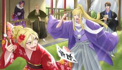  2025 2girls 3boys ^_^ absurdres aged_down aizen_sousuke alternate_costume black_choker black_kimono bleach bleach:_turn_back_the_pendulum blonde_hair blunt_bangs book brown_eyes brown_hair calligraphy_brush cherry_blossom_print choker closed_eyes commentary dark-skinned_female dark_skin dated_commentary day double-parted_bangs english_commentary fang feet_out_of_frame floating_clothes floral_print floral_print_kimono flower freckles furisode green_kimono hair_between_eyes hair_bun hair_flower hair_ornament highres hirako_shinji holding holding_book holding_calligraphy_brush holding_paintbrush ink japanese_clothes kanzashi kimono kuni_929 long_hair long_sleeves looking_at_another multiple_boys multiple_girls new_year official_alternate_hair_length official_alternate_hairstyle open_mouth outdoors paintbrush ponytail prank print_kimono purple_hair purple_kimono red_flower red_kimono sarugaki_hiyori scarf shihouin_yoruichi short_hair sidelocks single_hair_bun sparkle standing teeth tsurime two-tone_kimono urahara_kisuke v-shaped_eyebrows very_long_hair white_scarf wide_sleeves 