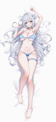  1girl absurdres arm_up armpits bare_legs bare_shoulders barefoot bed_sheet bikini blue_bikini blue_eyes bow breasts cleavage commentary_request commission dakimakura_(medium) feet hair_bow hair_bun hair_spread_out halterneck hand_up harin_(byeolbich) highres korean_commentary large_breasts long_hair looking_at_viewer lying navel on_back open_mouth original revision second-party_source simple_background single_side_bun smile solo soymilk_arts2 stomach strap_gap string_bikini swimsuit thigh_gap thigh_strap toes very_long_hair wet white_background white_hair 