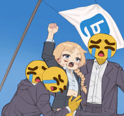  1girl 2024_attempted_assassination_of_donald_trump 3boys baraag black_skirt black_suit blood blood_on_face blue_background blue_eyes blue_sky braid brown_hair buttons clenched_hand collared_shirt crying crying_emoji emoji flag formal_clothes highres holding holding_flag linnea_(baraag) long_hair long_sleeves meme multiple_boys navel open_mouth shirt simple_background skirt sky standing suit twin_braids uohhhhhhhhh!_(meme) white_shirt yokappa_(jokappa) 