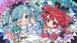  2girls ;p apron black_ribbon blue_dress blue_eyes blue_hair blue_nails blush_stickers cake closed_mouth coffee cup dress drill_hair drinking food hair_ribbon hatsune_miku highres holding holding_cake holding_cup holding_food jikuno kasane_teto long_hair long_sleeves looking_at_viewer missing_commentary multiple_girls nail_polish one_eye_closed plate red_dress red_eyes red_hair red_nails ribbon short_hair smile tongue tongue_out twin_drills twintails upper_body utau vocaloid white_apron yurie_mouth 
