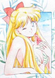  1girl aino_minako ash_valery bikini bishoujo_senshi_sailor_moon blonde_hair blue_eyes breasts cloud cloudy_sky earrings food fruit jewelry long_hair looking_at_viewer medium_breasts one_eye_closed sky swimsuit third-party_edit very_long_hair watermelon wink  rating:General score:10 user:zombiespacial