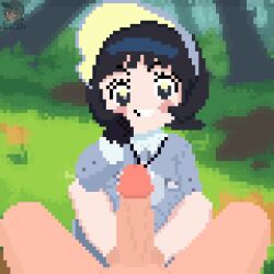  animated animated_gif black_eyes black_hair blush_stickers bush clothed_female_nude_male highres loli nintendo nude outdoors parted_lips penis pixel_art pokemon pokemon_sv poppy_(pokemon) short_hair teeth tree twitching_penis veins veiny_penis visor_cap xmias 