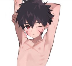  1boy armpits brown_hair closed_mouth commentary hand_on_own_arm kiino_(keeeno_7th) looking_at_viewer male_focus nude one_eye_closed original red_eyes scar scar_on_arm scar_on_chest short_hair shota simple_background solo upper_body white_background 