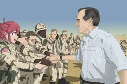  1girl 6+boys :3 :d absurdres ahoge american_flag army black_eyes black_hair blonde_hair brown_hair buttons camouflage camouflage_jacket camouflage_pants collared_shirt combat_helmet commentary crossover dark-skinned_male dark_skin dated day desert dress_shirt drill_hair english_commentary george_h.w._bush glasses goggles goggles_on_headwear grey_shirt group_picture handshake helmet highres horizon jacket kasane_teto long_sleeves looking_at_another male_focus military_uniform multiple_boys neco-arc open_mouth operation_desert_storm outdoors pants photo-referenced pink_hair placeholderu247 pouch profile real_life red_eyes shirt short_hair sketch smile soldier standing tsukihime united_states_army utau very_short_hair war yellow_jacket yellow_pants 