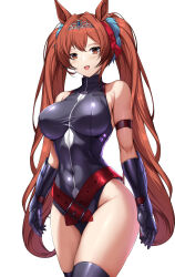  1girl :d absurdres animal_ears arm_strap arms_at_sides belt black_gloves black_leotard black_thighhighs blush bow-shaped_hair breasts brown_eyes brown_hair commentary commission cosplay covered_navel cowboy_shot crossed_belts crossed_legs daiwa_scarlet_(umamusume) english_commentary fang fate_testarossa fate_testarossa_(cosplay) fate_testarossa_(true_sonic_form) full-length_zipper gauntlets gloves hair_intakes heattech_leotard highleg highleg_leotard highres horse_ears impossible_clothes impossible_leotard large_breasts leotard long_hair looking_at_viewer lyrical_nanoha open_mouth pixiv_commission red_belt sheita simple_background skin_fang skin_tight skindentation smile solo thighhighs turtleneck twintails umamusume very_long_hair white_background zipper zipper_leotard 