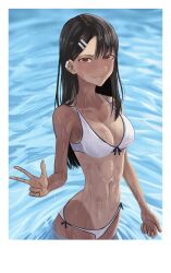  1girl absurdres barbell_piercing bikini black_hair border breasts brown_eyes cleavage collarbone commentary cowboy_shot dark-skinned_female dark_skin ear_piercing english_commentary groin hair_between_eyes hair_ornament highres ijiranaide_nagatoro-san industrial_piercing light_blush long_hair medium_breasts nagatoro_hayase navel nonsense_(dcrn4428) one-piece_tan piercing smile solo standing stomach string_bikini swept_bangs swimsuit tan tanline v very_long_hair water wet white_bikini white_border 
