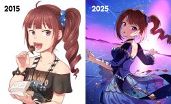  1girl 2015 2025 ahoge artist_progress before_and_after black_shirt blue_dress blunt_ends breasts brown_hair collarbone dress food hair_intakes highres holding holding_skewer idolmaster idolmaster_million_live! idolmaster_million_live!_theater_days kamille_(vcx68) long_hair looking_at_viewer looking_to_the_side median_furrow medium_breasts multiple_views off-shoulder_shirt off_shoulder pink_eyes shirt side_ponytail skewer takoyaki yokoyama_nao 