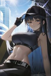  1girl absurdres bare_arms bare_shoulders baseball_cap belt black_gloves black_hair black_hat black_pants black_shirt blue_archive blue_eyes blue_hair breasts colored_inner_hair crop_top gloves halo hand_on_headwear hand_up hashtag-only_commentary hat highres large_breasts long_hair looking_at_viewer midriff multicolored_hair navel pants pekoku_(tamago_sushi) saori_(blue_archive) shirt sitting sleeveless sleeveless_shirt solo stomach very_long_hair 