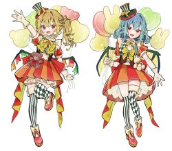  2girls :d alternate_costume argyle_clothes argyle_thighhighs arm_up asymmetrical_legwear balloon bat_wings blonde_hair blue_hair blush boots bow commentary_request dress fangs flandre_scarlet full_body gloves green_hat green_thighhighs hair_between_eyes hat holding holding_balloon long_hair looking_at_viewer mini_hat mini_top_hat mismatched_legwear multiple_girls neck_ribbon one_side_up open_mouth orange_dress pleated_dress pleated_skirt puffy_short_sleeves puffy_sleeves red_boots red_dress red_eyes remilia_scarlet ribbon short_sleeves siblings simple_background sisters skirt smile standing standing_on_one_leg striped_clothes striped_hat striped_thighhighs stuffed_animal stuffed_toy tamagogayu1998 teddy_bear thighhighs top_hat touhou two-tone_dress white_background white_gloves wings yellow_bow yellow_ribbon 