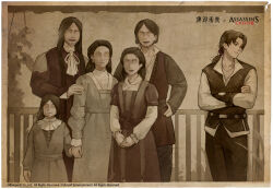  2girls 4boys aged_down ascot assassin&#039;s_creed_(series) assassin&#039;s_creed_ii belt border brother_and_sister brothers brown_border brown_theme claudia_auditore_da_firenze closed_mouth copyright_name copyright_notice crossed_arms dress ezio_auditore_da_firenze facing_viewer family_portrait father_and_daughter father_and_son federico_auditore_da_firenze giovanni_auditore_da_firenze hand_on_another&#039;s_shoulder hand_on_own_hip heart heart_hands husband_and_wife logo long_dress long_hair looking_to_the_side low_ponytail maria_auditore_da_firenze monochrome mother_and_daughter mother_and_son multiple_boys multiple_girls no_eyes official_art open_mouth pants petruccio_auditore_da_firenze ponytail railing reverse:1999 shirt short_hair siblings smile upper_body vest 