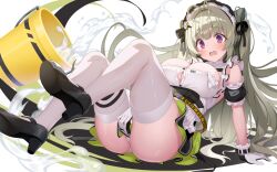  1girl blush breasts covering_crotch covering_privates goddess_of_victory:_nikke green_hair high_heels large_breasts long_hair lying maid on_back open_mouth panties pantyshot purple_eyes soda_(nikke) tagme thighhighs underwear very_long_hair wet white_background white_thighhighs yogurt_(hata_hatsu) 