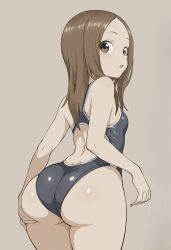  1girl ai-assisted artist_request ass breasts brown_eyes brown_hair competition_swimsuit grabbing_own_ass hand_on_own_ass highres huge_ass karakai_jouzu_no_takagi-san legs long_hair looking_at_viewer looking_back one-piece_swimsuit open_mouth sideboob small_breasts swimsuit takagi-san thick_thighs thighs tongue 