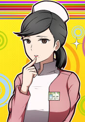  1girl black_hair brown_eyes hand_up hat highres id_card looking_at_viewer mole mole_under_mouth nurse_cap persona persona_4 ponytail solo uehara_sayoko upper_body yellow_background zakuro_juice 