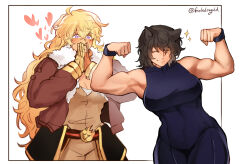  2girls animal_ears artist_name black_border black_hair black_leotard blake_belladonna blonde_hair border breasts cat_ears cleavage covering_own_mouth flexing frolicdragold fur_trim heart highres jacket leotard long_hair meme multiple_girls muscular muscular_bride_(meme) muscular_female one_eye_closed open_clothes open_jacket own_hands_clasped own_hands_together pink_eyes prosthesis prosthetic_arm rwby short_hair sleeveless sparkle white_background wristband yang_xiao_long yellow_eyes yuri 