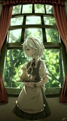  1girl absurdres apron black_bow black_ribbon bow braided_sidelocks closed_mouth commentary_request curtains dated dress forest frilled_apron frilled_wrist_cuffs frills grey_dress grey_eyes grey_hair hair_bow highres holding holding_tray indoors izayoi_sakuya looking_to_the_side maid maid_headdress nature neck_ribbon profile ribbon short_hair smile solo standing tami_(joemanyodw) teapot touhou tray tree waist_apron white_apron window wrist_cuffs 