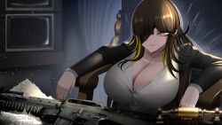 1girl antique_phone assault_rifle black_jacket breasts cleavage cocaine crt drugs eyepatch formal_clothes gdat girls&#039;_frontline grenade_launcher gun huge_breasts jacket long_hair m16 m16a1 m16a1_(girls&#039;_frontline) m16a1_(special_agent_gets_no_day_off)_(girls&#039;_frontline) m203 multicolored_hair rifle scar scarface shirt solo streaked_hair suit television underbarrel_grenade_launcher weapon white_shirt 