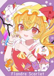  1girl absurdres ascot blonde_hair bow crystal crystal_wings flandre_scarlet frilled_shirt_collar frills hair_between_eyes hat hat_ribbon highres looking_at_viewer mob_cap open_mouth puffy_short_sleeves puffy_sleeves red_eyes red_ribbon red_vest ribbon scarlet_devil_mansion shirt short_sleeves side_ponytail smile solo touhou upper_body vest wings wrist_cuffs yellow_ascot zbaiawa 