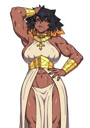 1girl 2025 abs ancient_egyptian_clothes aniwars ankh armpits biceps black_nails center_opening choker commentary contrapposto cowboy_shot dark-skinned_female dark_skin dress english_commentary eyebrows_hidden_by_hair female_focus gold groin halter_dress halterneck hand_on_own_head hand_on_own_hip hellhound_(aniwars) highres legs_together medium_hair messy_hair multicolored_hair muscular muscular_female muscular_legs navel orange_hair original pelvic_curtain ponaners sash scar scar_on_arm shendyt simple_background solo standing straight-on thick_thighs thighs two-tone_hair usekh_collar vambraces waist_sash white_background white_dress