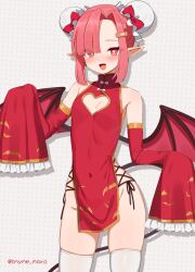  1girl :d breasts china_dress chinese_clothes commentary_request covered_navel demon_girl demon_wings detached_sleeves double_bun dress grey_background hair_bun heart heart-shaped_pupils loli looking_at_viewer marota mary_(marota) open_mouth original pink_hair polka_dot polka_dot_background red_dress red_eyes red_sleeves short_hair small_breasts smile solo standing symbol-shaped_pupils thighhighs twitter_username white_thighhighs wings 