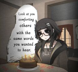  1girl birthday birthday_cake black_choker black_eyes black_hair black_shirt blunt_bangs brown_coat cake candle choker closed_mouth clothes_writing coat collarbone commentary english_commentary english_text food fur-trimmed_coat fur_trim glasses hair_ornament hairclip highres indoors jewelry looking_at_object looking_down medium_hair mikuneki necklace open_clothes open_coat original parallel_hairclips plate riyo_kaede_(mikuneki) sad semi-rimless_eyewear shirt silhouette solo table under-rim_eyewear window 