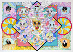  6+girls absurdres angel angel_wings blonde_hair braid breasts dark-skinned_female dark_skin deformed feathered_wings fingernails flower ganguro gyaru gyaru_makeup hair_flower hair_ornament heart highlighter_(makeup) highres jewelry long_fingernails long_hair looking_at_viewer makeup manba_gyaru mandala multicolored_hair multiple_girls original sekiya_yurie shirt skirt smile tareme twin_braids twintails very_long_fingernails wavy_hair white_eyeshadow white_lips wings 