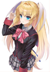  1girl arm_at_side black_jacket blonde_hair blue_eyes blush bow breasts collared_shirt commentary cowboy_shot eyelashes frown glazearty grey_skirt hair_between_eyes hair_intakes hair_ribbon hand_up highres jacket little_busters! little_busters!_school_uniform long_hair long_ribbon long_sleeves looking_at_viewer medium_breasts miniskirt parted_lips pink_bow plaid_clothes plaid_skirt pleated_skirt ribbon school_uniform shirt sidelocks simple_background skirt solo straight_hair tokido_saya very_long_hair white_background white_ribbon white_shirt 