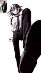  1boy 50k_v3 belt black_hair black_necktie black_pants collared_shirt commentary danganronpa_(series) danganronpa_v3:_killing_harmony flipped_hair foreshortening formal_clothes from_below grin hair_between_eyes highres long_sleeves looking_at_viewer male_focus medium_hair monochrome muted_color necktie oma_kokichi pants photo_inset pov reference_inset shirt short_hair simple_background smile solo stepped_on white_shirt 