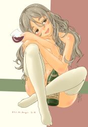  1girl absurdres alcohol blush bottle brown_eyes commentary_request convenient_censoring cup drinking_glass drunk full_body grey_hair highres kantai_collection long_hair no_shoes nude open_mouth pola_(kancolle) pot-de solo thighhighs twitter_username white_thighhighs wine wine_bottle wine_glass 