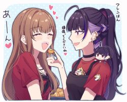  2girls :d ^_^ ahoge apron barbell_piercing black_apron black_hair black_neckerchief blue_background blunt_bangs blush border braid brown_hair character_doll closed_eyes commentary_request doll ear_piercing earrings eyelashes feeding food food_request furen_e_lustario hair_intakes hand_up heart high_ponytail highres holding holding_food industrial_piercing jewelry linked_piercing long_hair looking_at_another meloco_kyoran multicolored_hair multiple_girls neckerchief nijisanji nijisanji_en open_mouth outside_border piercing polka_dot polka_dot_background ponytail print_shirt purple_eyes purple_hair raised_eyebrows red_shirt sailor_collar sekka_(sekka1202) shirt short_sleeves smile streaked_hair teeth translation_request upper_body upper_teeth_only virtual_youtuber white_border white_sailor_collar 
