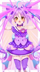 absurdres blue_streaks boots bow bow_choker bridal_gauntlets brooch choker cure_kyunkyun dress earrings hair_bun heart heart_brooch heart_hair_bun highres idol_heart_brooch jewelry kimi_to_idol_precure knee_boots kyunkyun_laser laser magical_girl off_shoulder plaid_bow plaid_clothes plaid_dress plaid_sleeves precure purple_bow purple_choker purple_wrist_cuffs shigure_kokoro shirt single-shoulder_shirt single_bare_shoulder teardrop_earrings twintails user_jzcr7853 wrist_cuffs