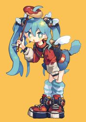  1girl :o absurdres ahoge backpack bag blue_hair blue_skirt blue_socks blush_stickers boots commentary_request donut food full_body hair_between_eyes hair_ornament hand_up hatsune_miku highres holding holding_wand jacket kneehighs leaning_forward long_hair long_sleeves looking_at_viewer open_mouth red_boots red_jacket simple_background skirt socks solo standing star-shaped_pupils star_(symbol) striped_clothes striped_socks symbol-shaped_pupils tabunnanhun twintails vocaloid wand white_socks wing_hair_ornament yellow_background 