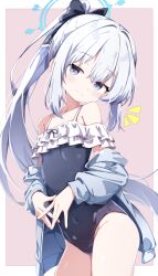  1girl bare_shoulders blue_archive blue_halo blue_jacket blue_one-piece_swimsuit blush border bow breasts casual_one-piece_swimsuit closed_mouth commentary_request covered_navel cowboy_shot frilled_one-piece_swimsuit frills hair_bow halo highres jacket loli long_hair long_sleeves looking_at_viewer miyako_(blue_archive) miyako_(swimsuit)_(blue_archive) notice_lines off-shoulder_one-piece_swimsuit off_shoulder official_alternate_costume one-piece_swimsuit outside_border paid_reward_available pink_background ponytail purple_eyes sabana simple_background small_breasts smile solo swimsuit thighs very_long_hair white_border white_hair 
