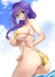  1girl ass bikini blue_eyes braid breasts commentary_request cowboy_shot from_behind gold_bikini hair_intakes highres kanon large_breasts long_hair looking_at_viewer looking_back minase_akiko mitarashi_kousei purple_hair side-tie_bikini_bottom single_braid smile solo standing swimsuit untied_bikini wading water 