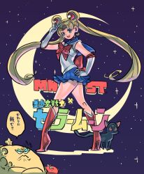  1girl bishoujo_senshi_sailor_moon bishoujo_senshi_sailor_moon_crystal blue_sailor_collar boots cat circlet commentary_request copyright_name crescent crescent_facial_mark double_bun earrings elbow_gloves facial_mark floating_hair full_body gloves hair_bun hand_on_own_hip high_heel_boots high_heels highres jewelry looking_at_viewer luna_(sailor_moon) monster_strike moon parted_bangs red_footwear sailor_collar sailor_moon sailor_senshi_uniform sky smile star_(sky) starry_sky takeuchi_ryousuke tsukino_usagi twintails v whiskers white_gloves 