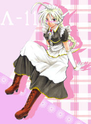  1girl apron arc_system_works blazblue blonde_hair boots bracelet braid daybreak_(pixiv523459) dress female_focus full_body glasses gloves headdress jewelry lambda-11 long_hair maid maid_apron maid_headdress red_eyes single_braid solo 
