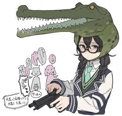 3girls animal_hat annoyed aqua_necktie averting_eyes beretta_92 black-framed_eyewear black_hair blue_jacket braid cevio cocking_gun crocodile crocodilian glasses green_eyes gun hanakuma_chifuyu handgun hat jacket koharu_rikka metal_gear_(series) metal_gear_solid multiple_girls natsuki_karin necktie parody reloading school_uniform shaded_face shirt simple_background striped_clothes striped_jacket striped_sweater sweater synthesizer_v teshima_nari translated twin_braids weapon weapon_request white_background white_shirt rating:General score:20 user:danbooru