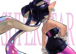  1girl absurdres arm_at_side ass black_hair bow-shaped_hair callie_(splatoon) callie_(squid_sisters_outfit)_(splatoon) detached_collar earrings food food_on_head gloves hand_on_own_hip highres hoop_earrings inkling jewelry nintendo object_on_head orly_custer pantyhose pink_pantyhose pointy_ears short_jumpsuit solo splatoon_(series) strapless_jumpsuit sushi sweatdrop tentacle_hair twintails unitard white_gloves 