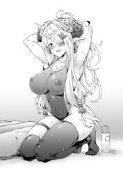 10s 1girl armpits arms_behind_head arms_up asymmetrical_legwear blush breasts covered_erect_nipples covered_navel double_bun draph female_focus granblue_fantasy greyscale hair_bun hair_ornament hair_over_one_eye highres horns impossible_clothes impossible_swimsuit kneeling large_breasts looking_at_viewer monochrome mushi024 narmaya_(granblue_fantasy) perky_breasts pointy_ears sidelocks smile solo sweat swimsuit thigh_strap thighhighs uneven_legwear rating:Questionable score:47 user:danbooru